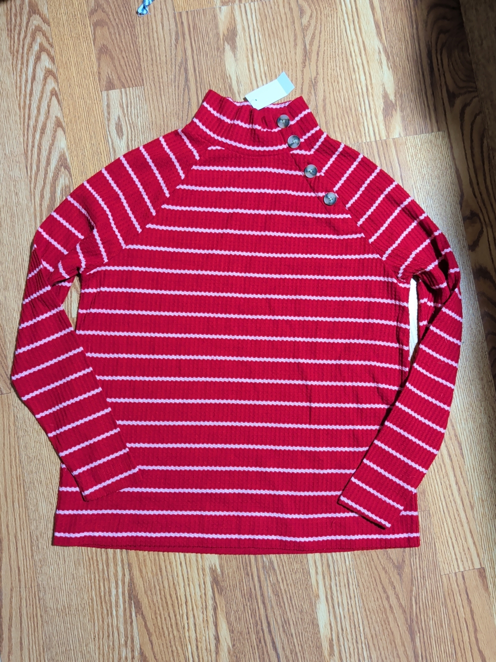 LOFT Red and White Striped Mock Neck Sweater with Button Detail